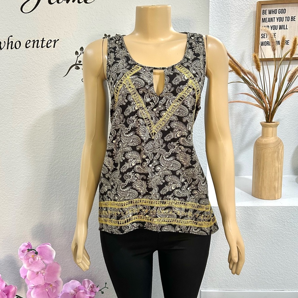 THML Anthropologie Size L Black Yellow Embroidered Tank Top Sleeveless Boho EUC
